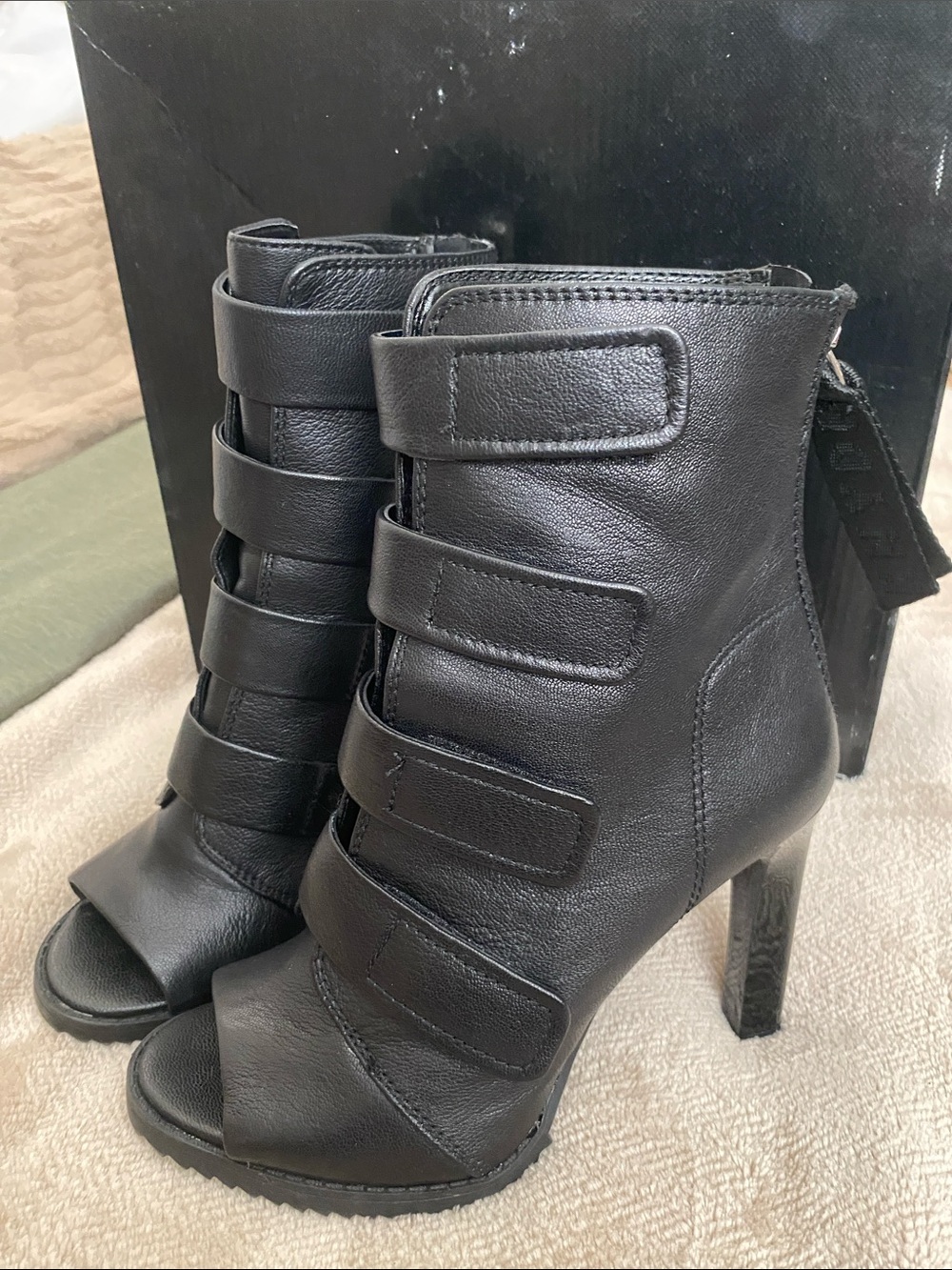 DKNY Black Strappy Peep-Toe Heeled Boots
